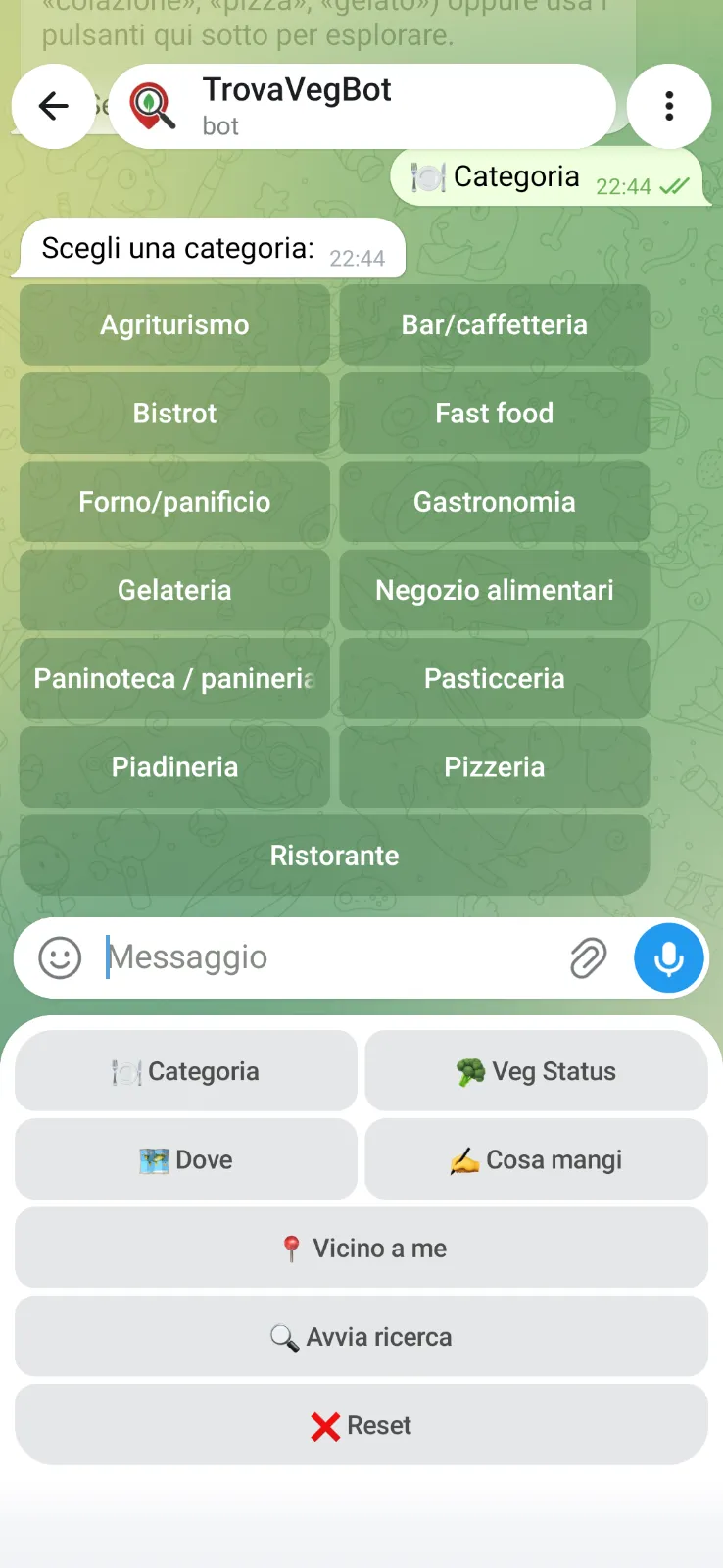 Schermata TrovaVeg con la scelta delle categorie di locali