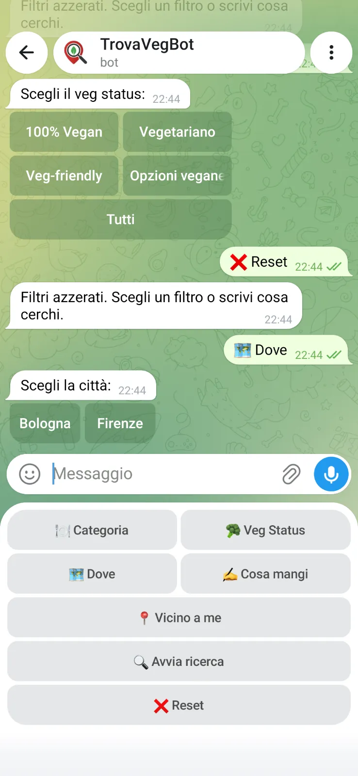 Schermata TrovaVeg con la selezione di città e zone