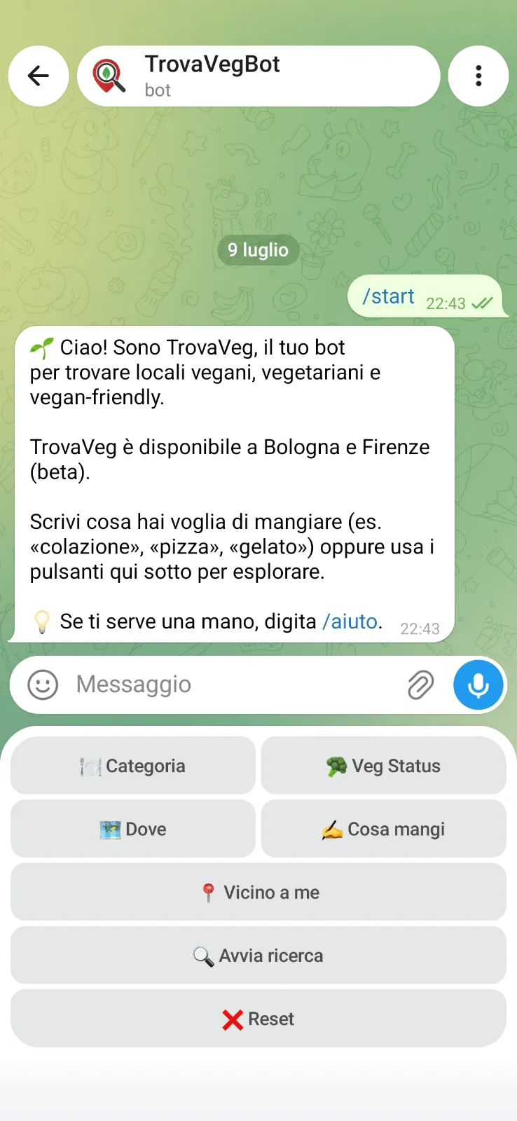 Schermata Telegram di TrovaVeg con il messaggio di benvenuto del bot