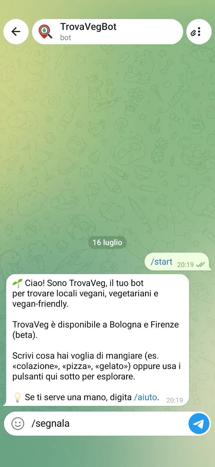 Schermata TrovaVeg del comando /segnala per proporre un nuovo locale