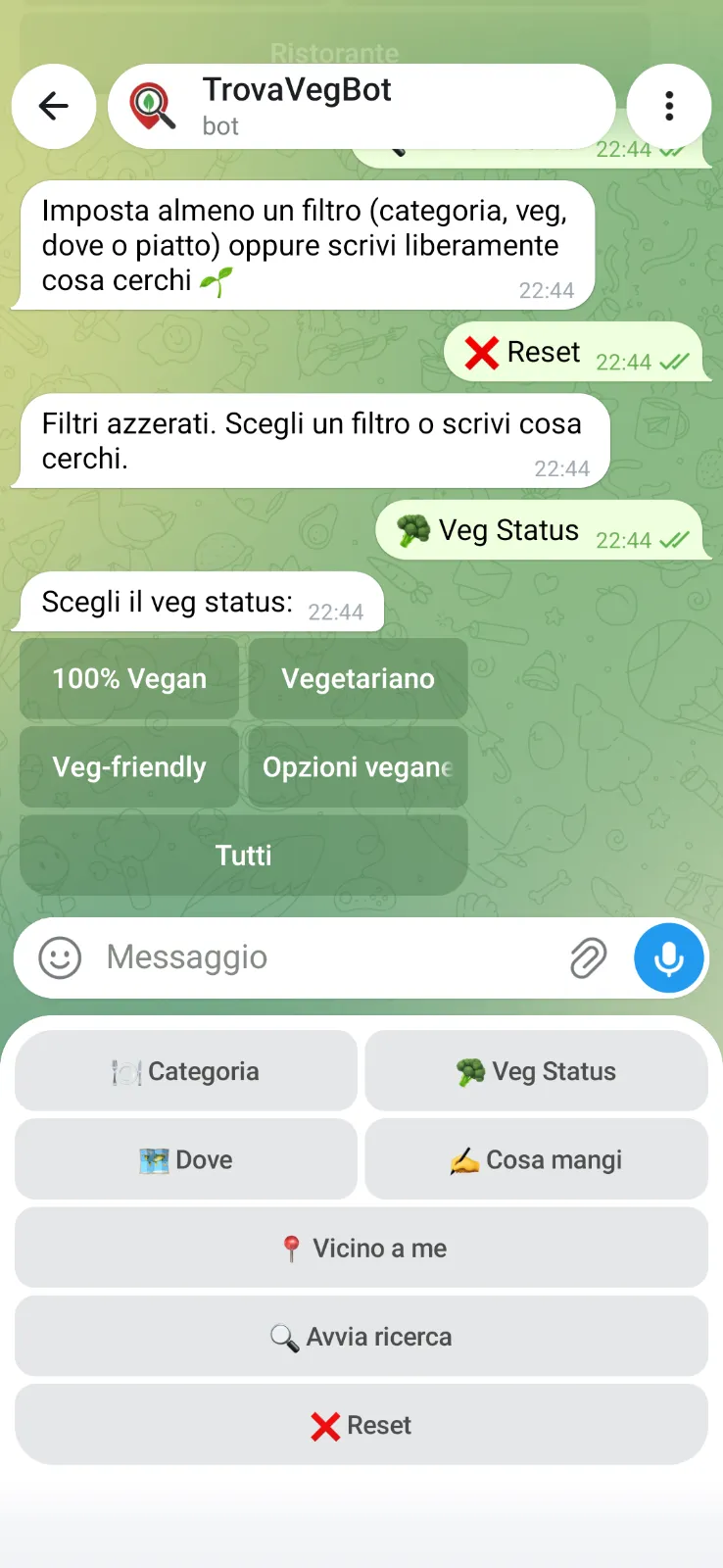 Schermata TrovaVeg con i filtri vegano, vegetariano e vegan-friendly